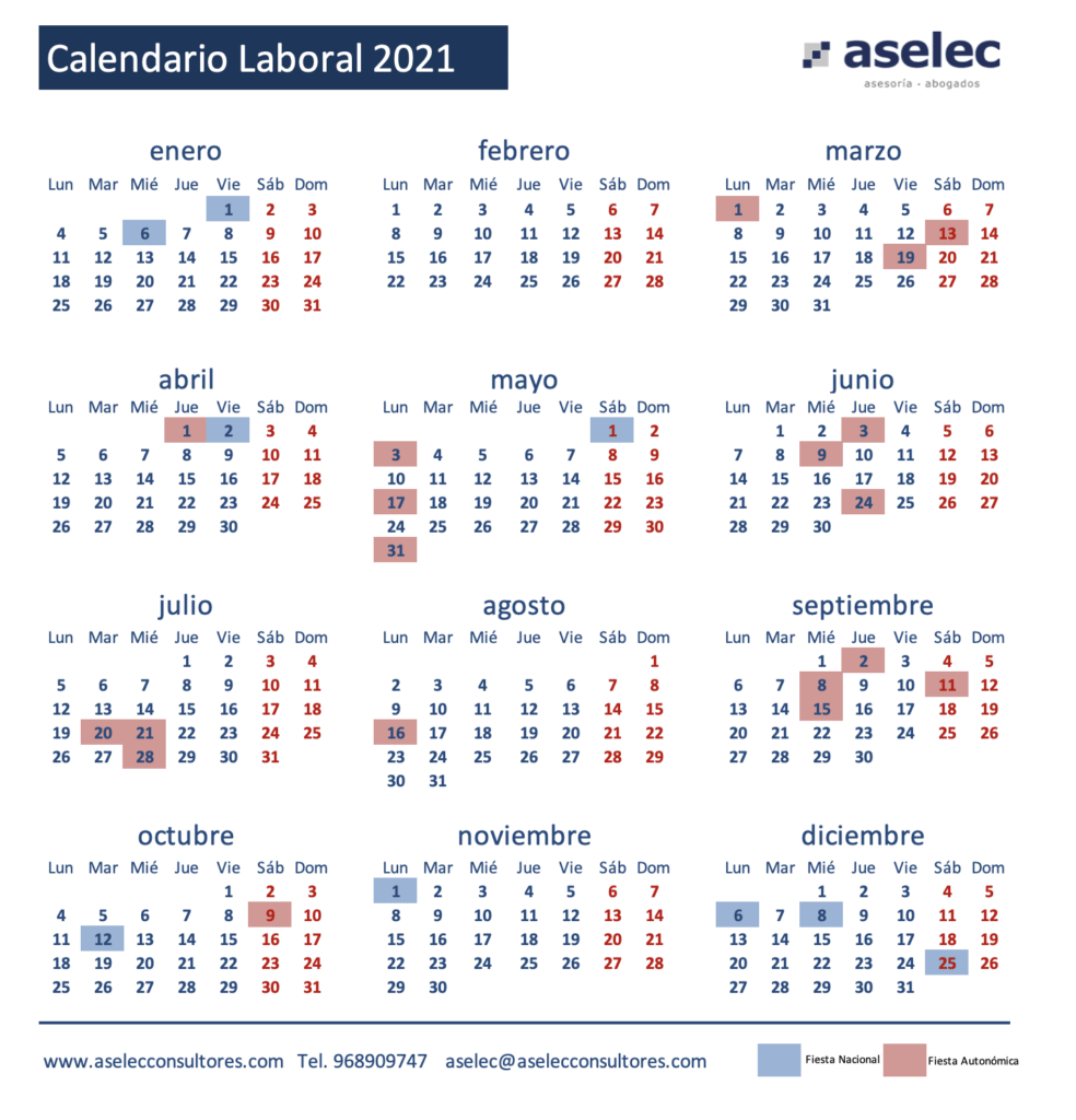 calendario laboral aselec 2021